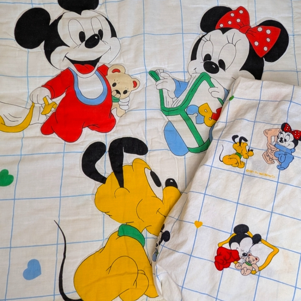 Dundee Disney Babies Mickey Crib Comforter Fitted Sheet Hearts USA Vinta…